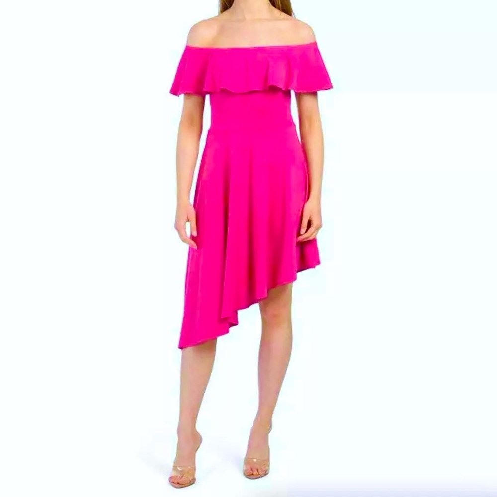 NWT Susana Monaco Hot Pink Midi Dress, Size M, Off the Shoulder Asymmetrical